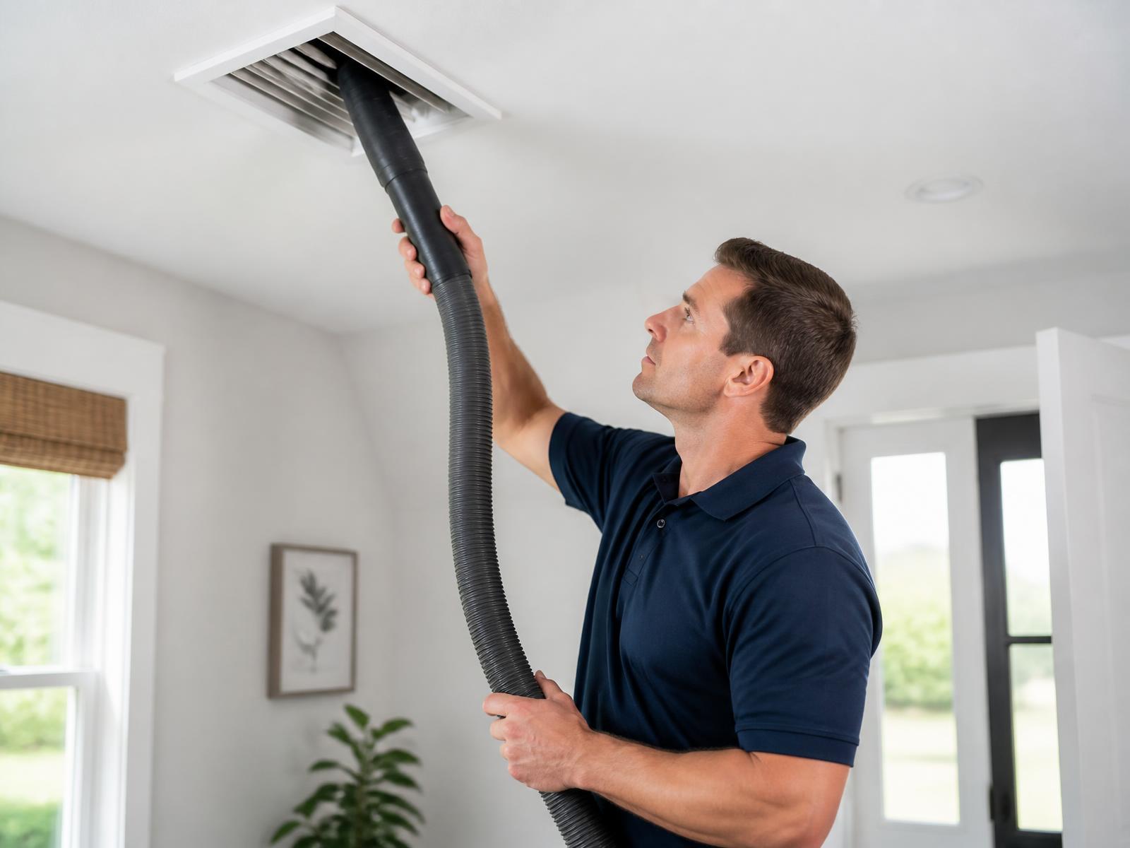 Technician cleaning a residential ceiling air duct register with a vacuum hose in a Pikesville home